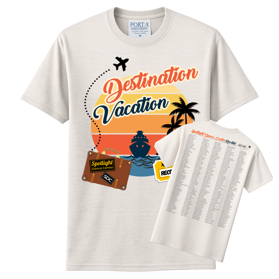 Destination Vacation recital logo printed on a natural colored t-shirt
